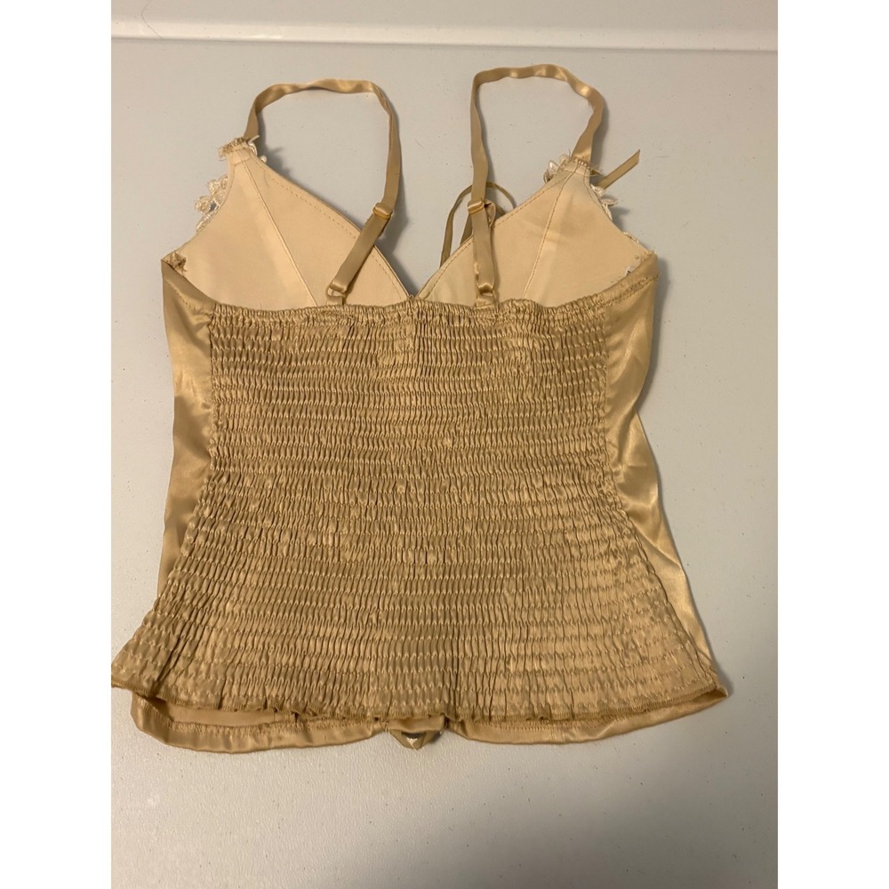 Body Central Gold Satin Lace Up Corset Top Pearl Floral Lace fairy whimsy y2k c5 - Picture 3 of 9